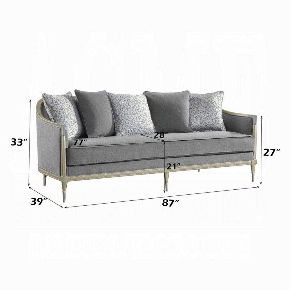 Fero Sofa w 5 Pillows I Gray Chenille I Champagne Wood Trim I 87"
