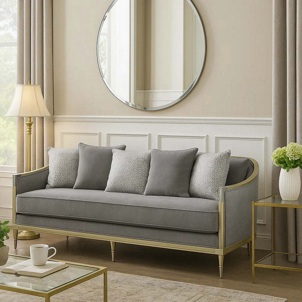 Fero Sofa w 5 Pillows I Gray Chenille I Champagne Wood Trim I 87"
