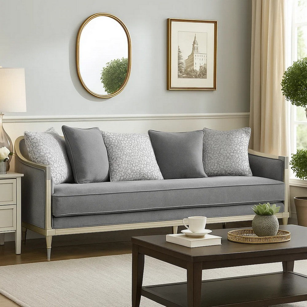 Fero Sofa w 5 Pillows I Gray Chenille I Champagne Wood Trim I 87"