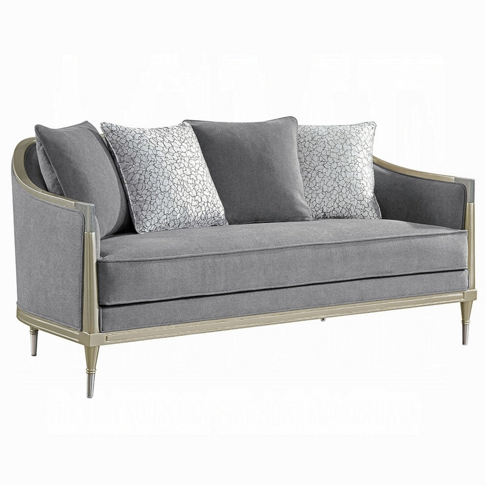 Fero Loveseat w 4 Pillows I Gray Chenille I Champagne Wood Trim I 71"