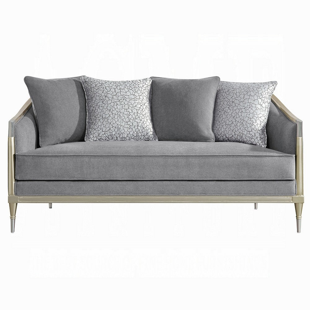 Fero Loveseat w 4 Pillows I Gray Chenille I Champagne Wood Trim I 71"