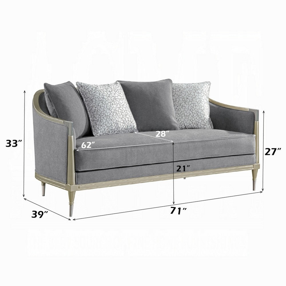 Fero Loveseat w 4 Pillows I Gray Chenille I Champagne Wood Trim I 71"