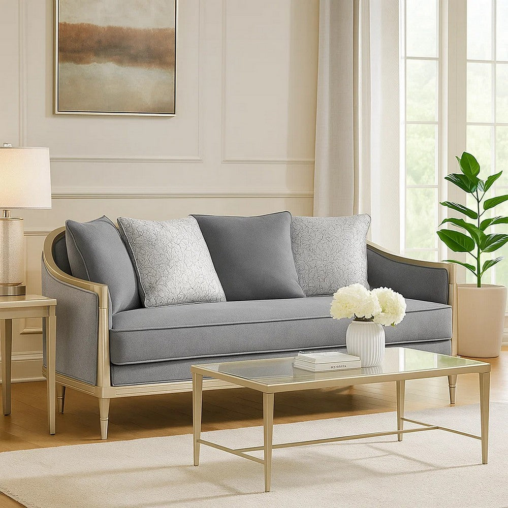 Fero Loveseat w 4 Pillows I Gray Chenille I Champagne Wood Trim I 71"