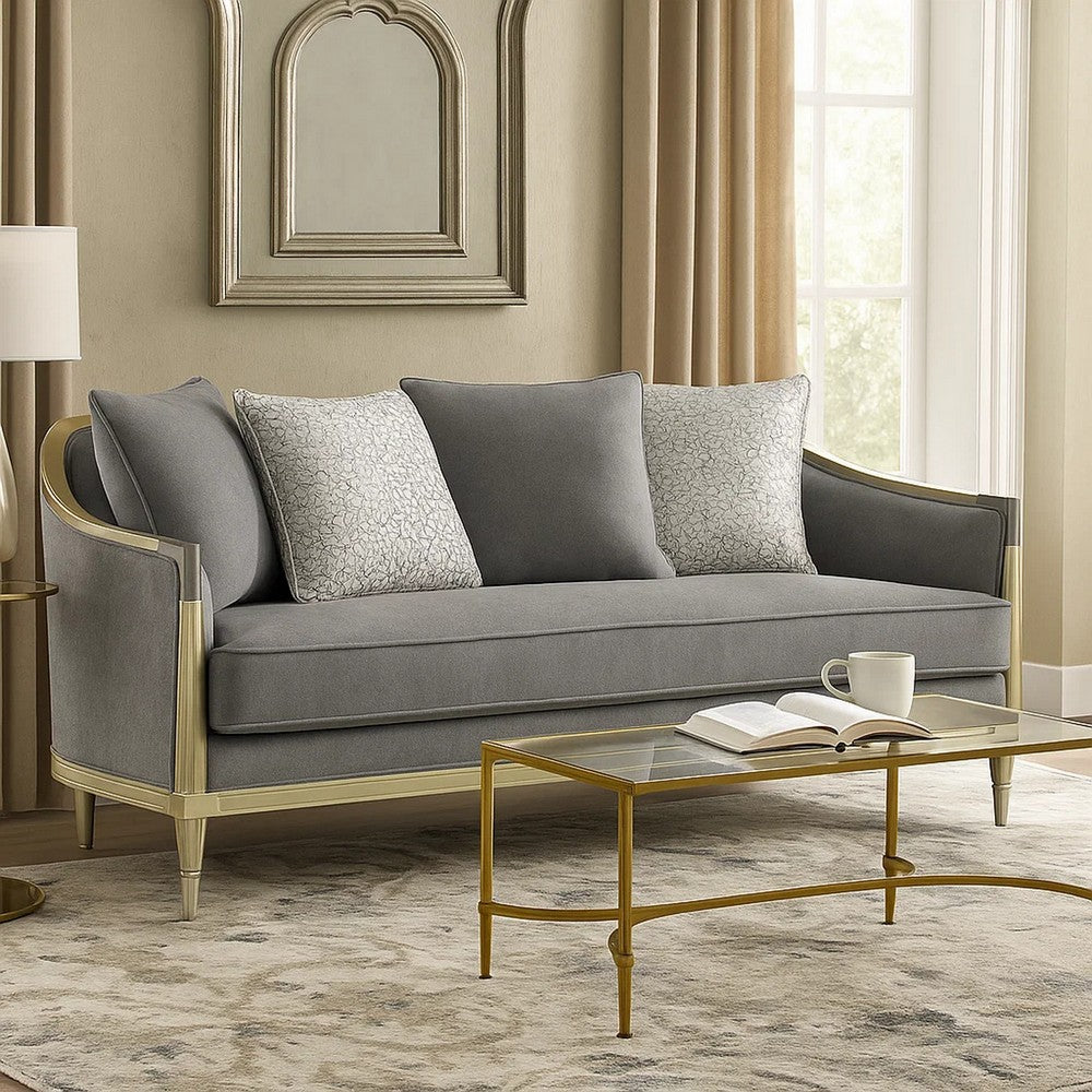 Fero Loveseat w 4 Pillows I Gray Chenille I Champagne Wood Trim I 71"