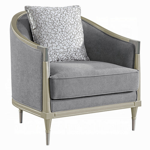 Fero Accent Chair w Pillow I Foam Fill Gray Chenille I Champagne Wood Trim