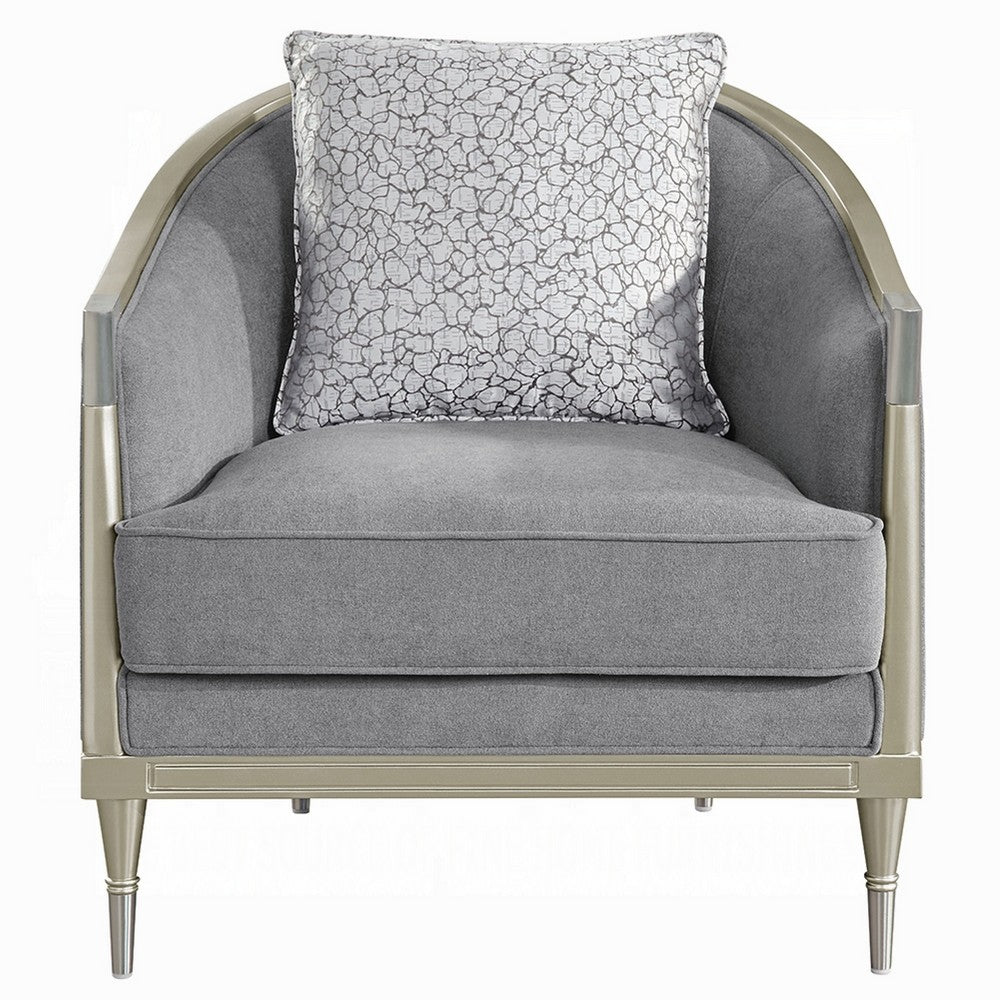 Fero Accent Chair w Pillow I Foam Fill Gray Chenille I Champagne Wood Trim