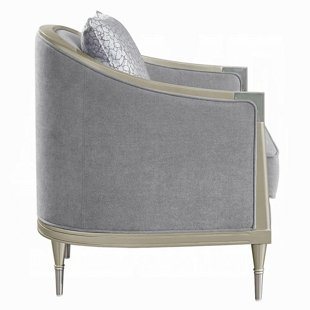 Fero Accent Chair w Pillow I Foam Fill Gray Chenille I Champagne Wood Trim