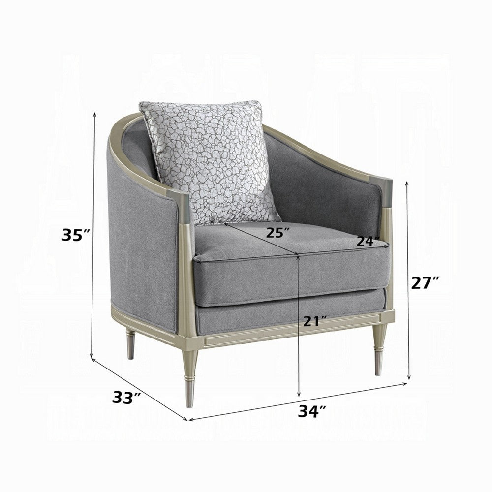Fero Accent Chair w Pillow I Foam Fill Gray Chenille I Champagne Wood Trim