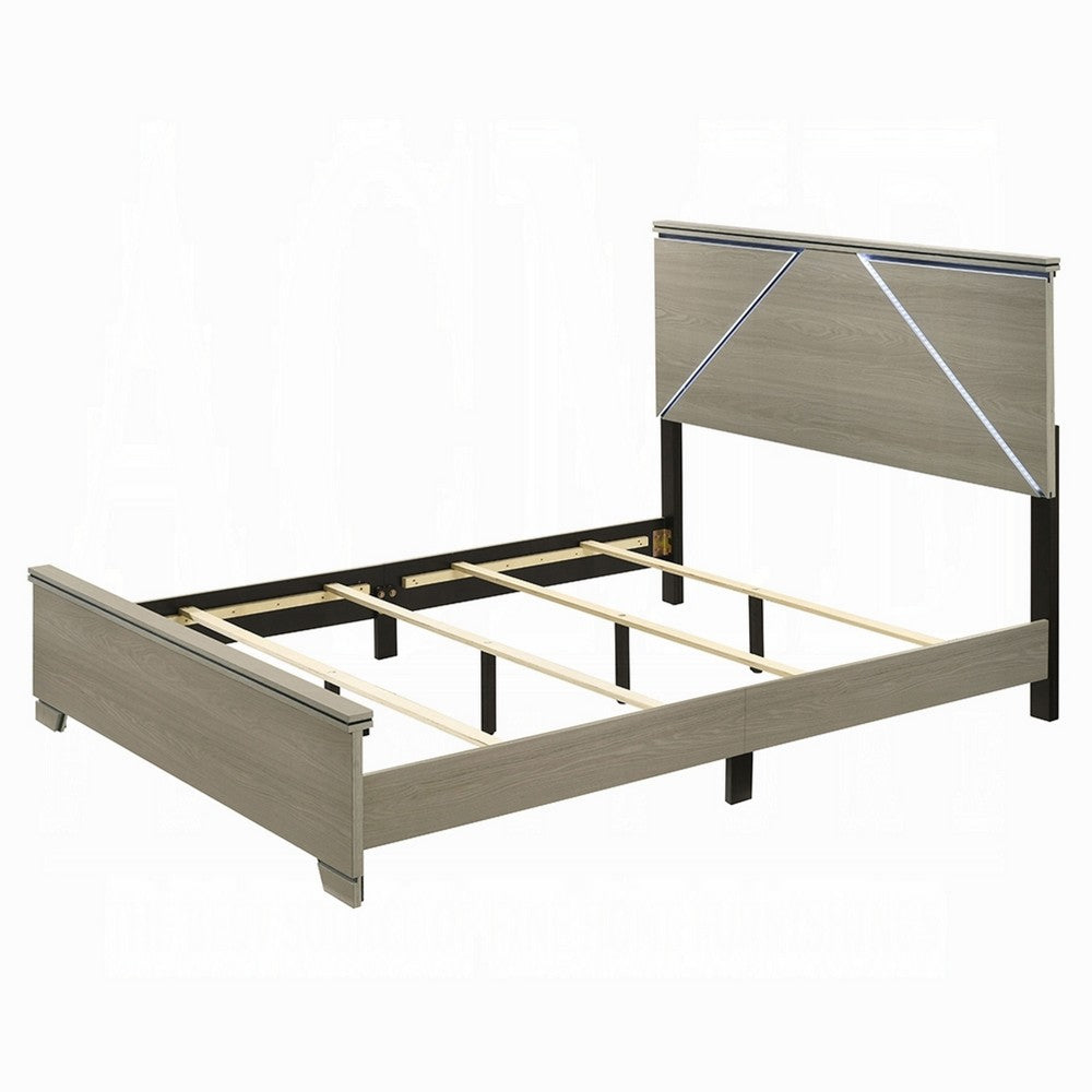 Anna Queen Bed I Panel Headboard w LED I Weathered Gray Wood I Modern Style