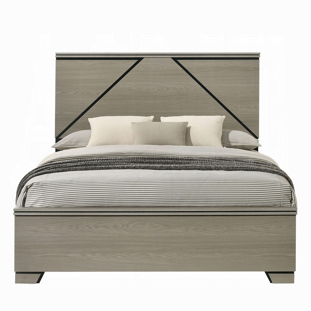 Anna Queen Bed I Panel Headboard w LED I Weathered Gray Wood I Modern Style