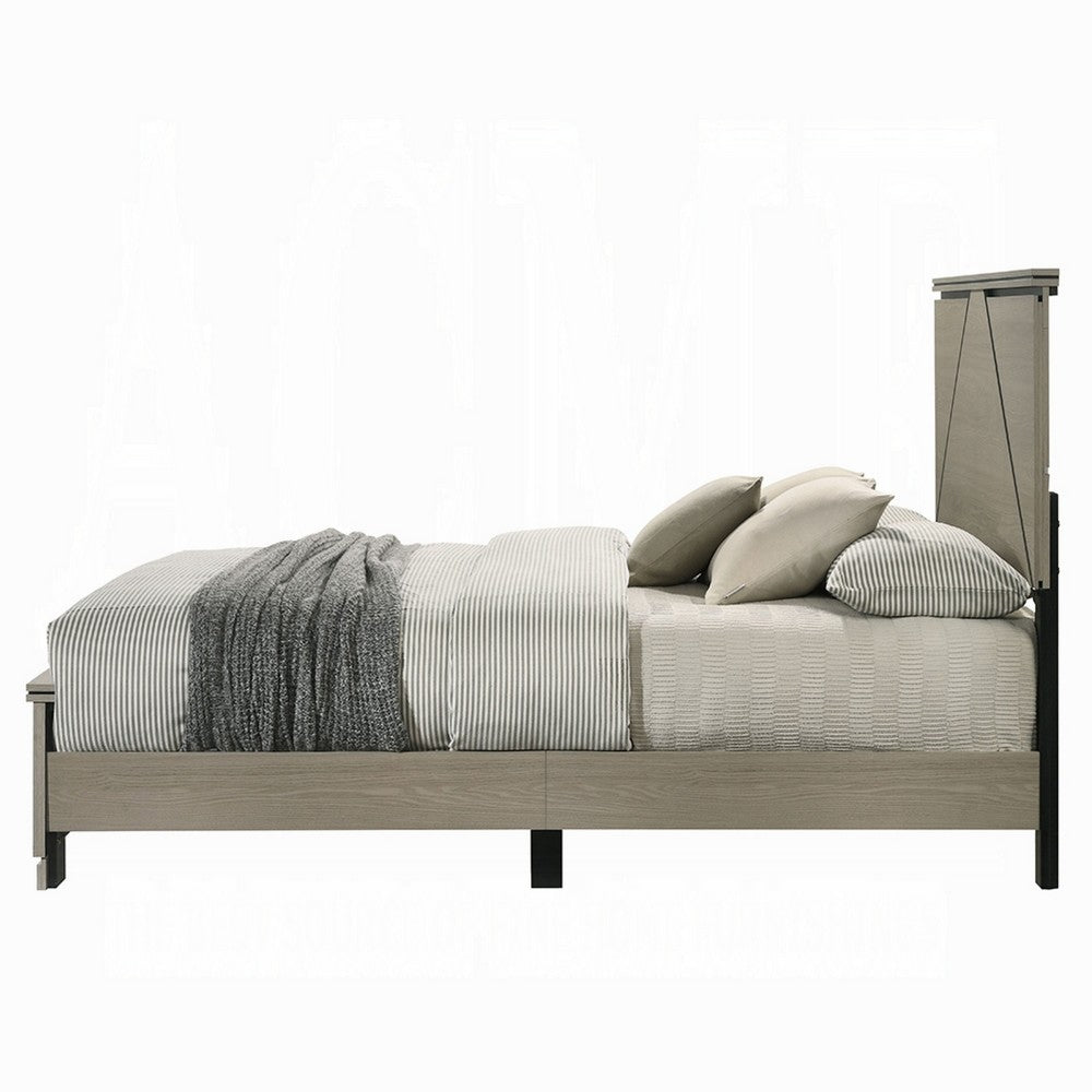 Anna Queen Bed I Panel Headboard w LED I Weathered Gray Wood I Modern Style