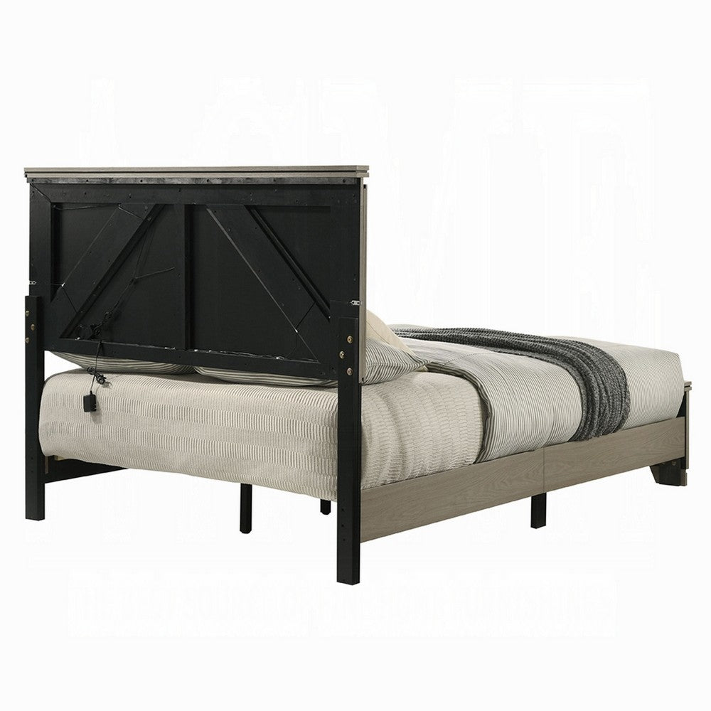 Anna Queen Bed I Panel Headboard w LED I Weathered Gray Wood I Modern Style
