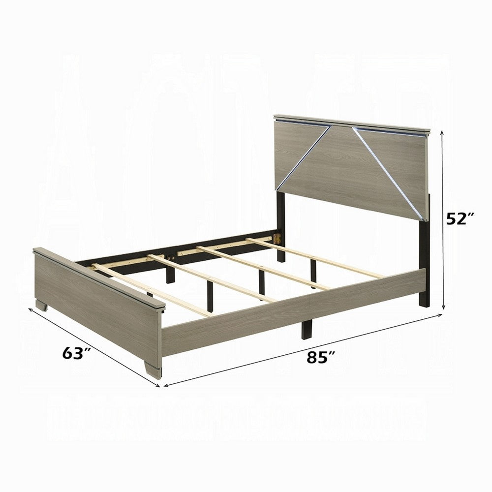 Anna Queen Bed I Panel Headboard w LED I Weathered Gray Wood I Modern Style