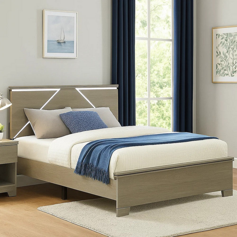 Anna Queen Bed I Panel Headboard w LED I Weathered Gray Wood I Modern Style