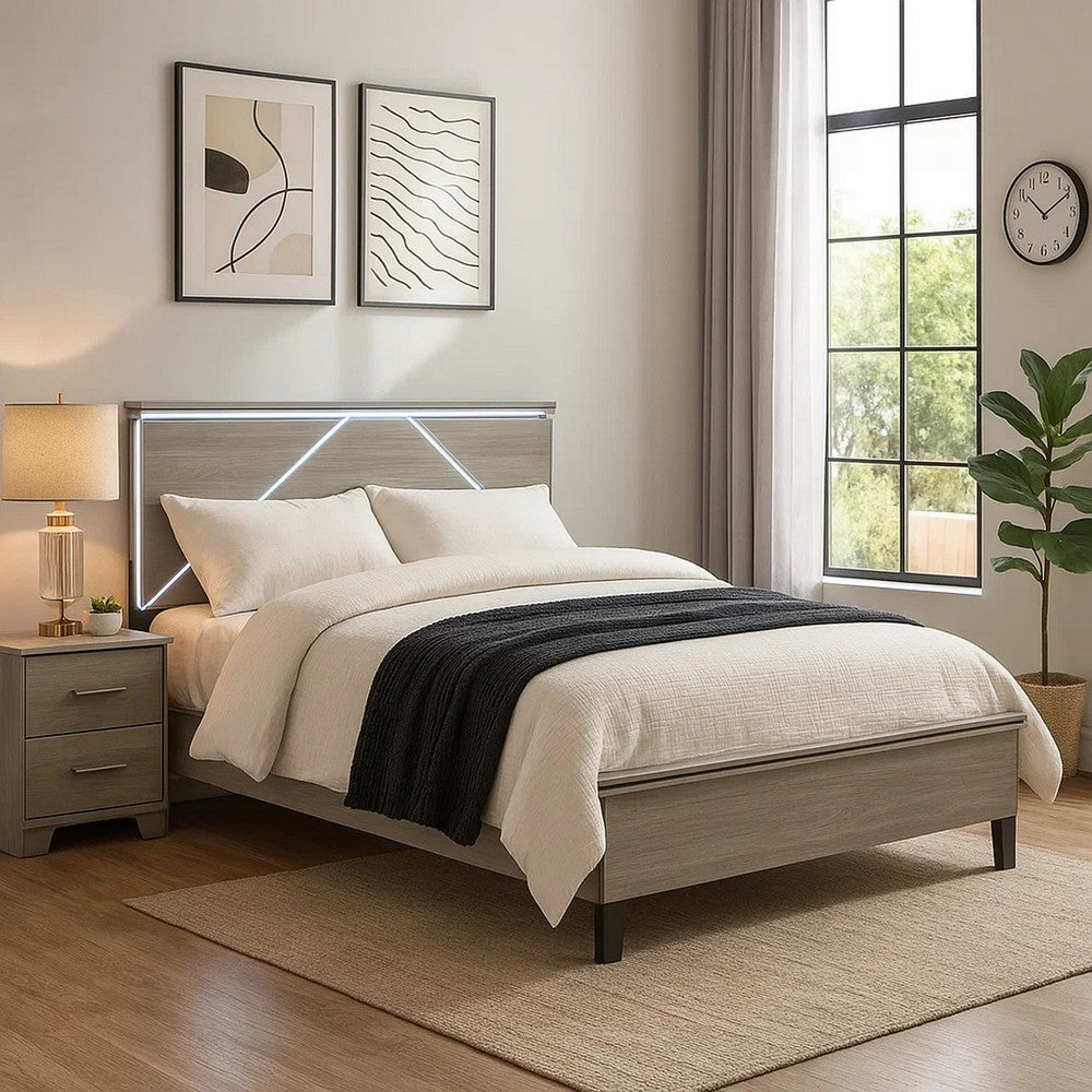 Anna Queen Bed I Panel Headboard w LED I Weathered Gray Wood I Modern Style
