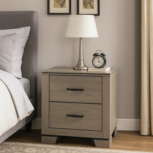 Anna Nightstand w 2 Drawers I Weathered Gray Wood I Black Metal Accents