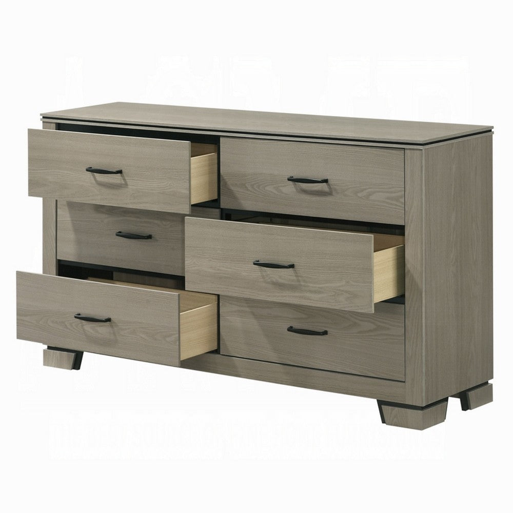 Anna Wide Dresser w 6 Drawers I Weathered Gray Wood I Black Metal Accents
