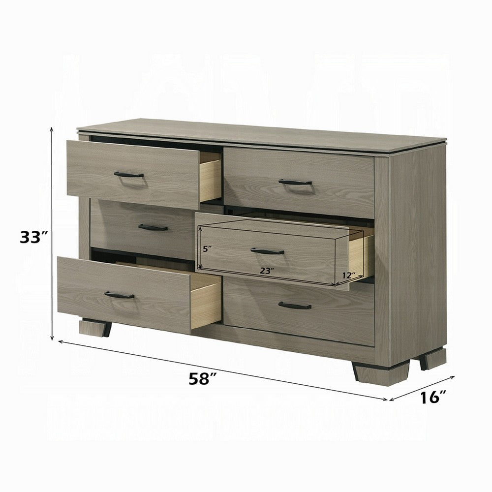Anna Wide Dresser w 6 Drawers I Weathered Gray Wood I Black Metal Accents