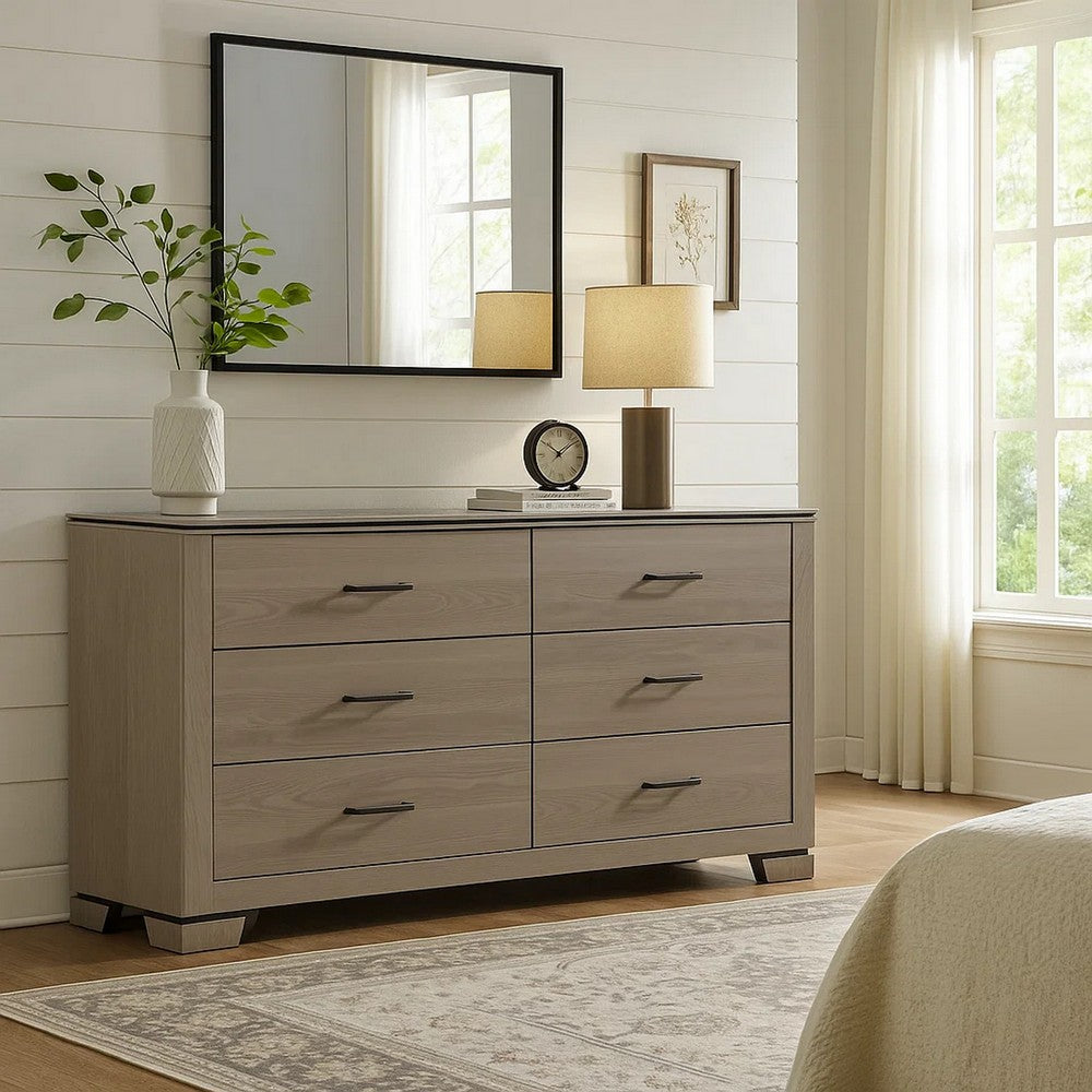 Anna Wide Dresser w 6 Drawers I Weathered Gray Wood I Black Metal Accents