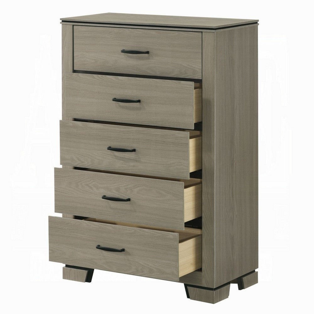 Anna 5 Drawer Tall Dresser Chest I Weathered Gray I Black Metal Accents