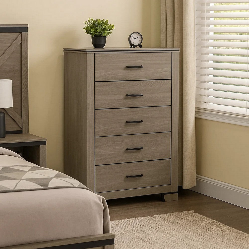 Anna 5 Drawer Tall Dresser Chest I Weathered Gray I Black Metal Accents