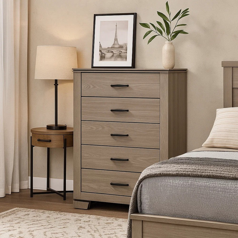 Anna 5 Drawer Tall Dresser Chest I Weathered Gray I Black Metal Accents