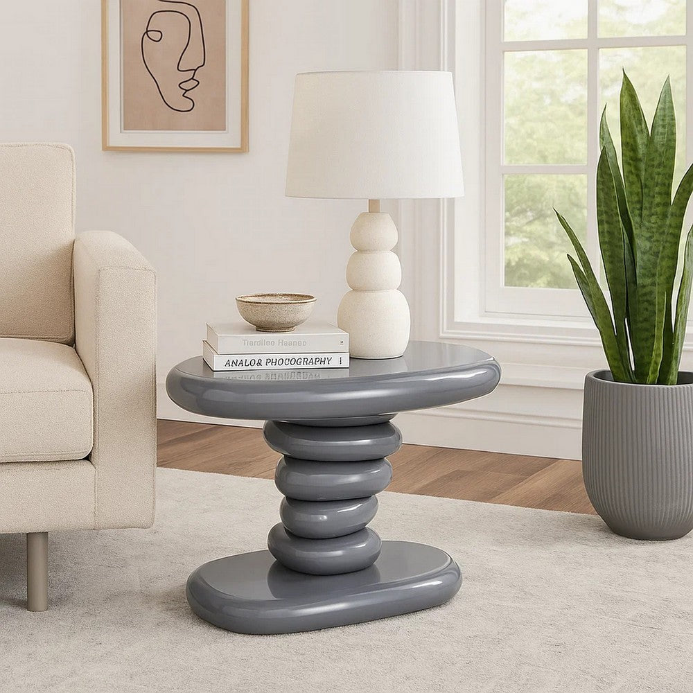 Fory End Table I 22" Asymmetric Stacked Pebble Base I High Gloss Gray