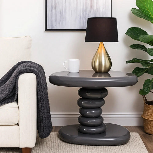 Fory End Table I 22" Asymmetric Stacked Pebble Base I High Gloss Gray