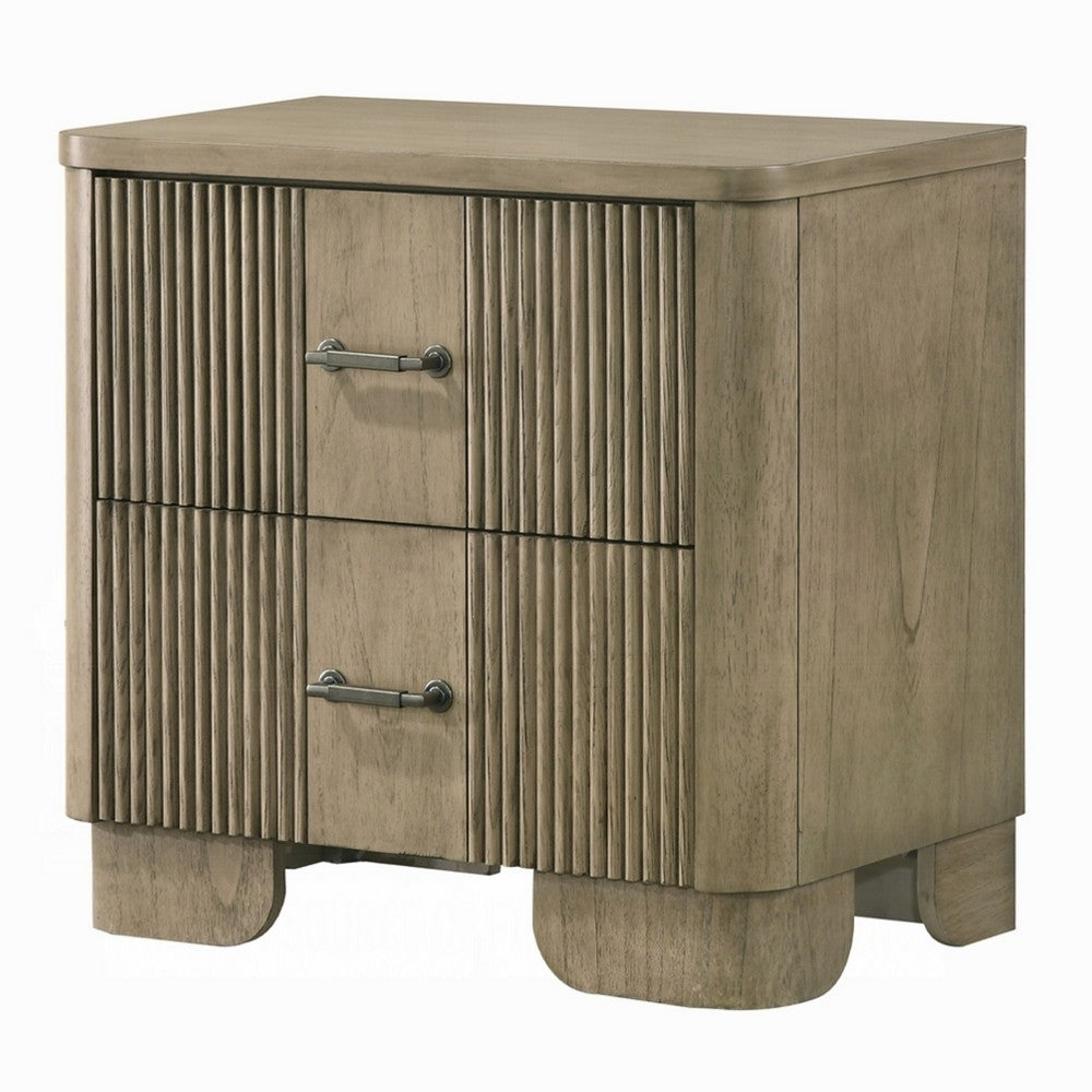 Leky Nightstand | 2 Reeded Drawers | Rounded Corners | Antique Oak Brown