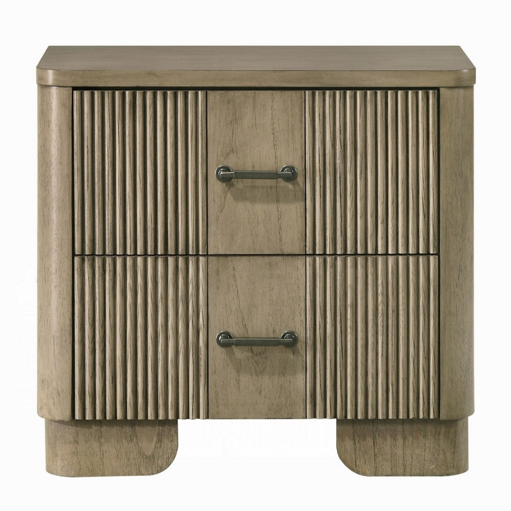 Leky Nightstand | 2 Reeded Drawers | Rounded Corners | Antique Oak Brown