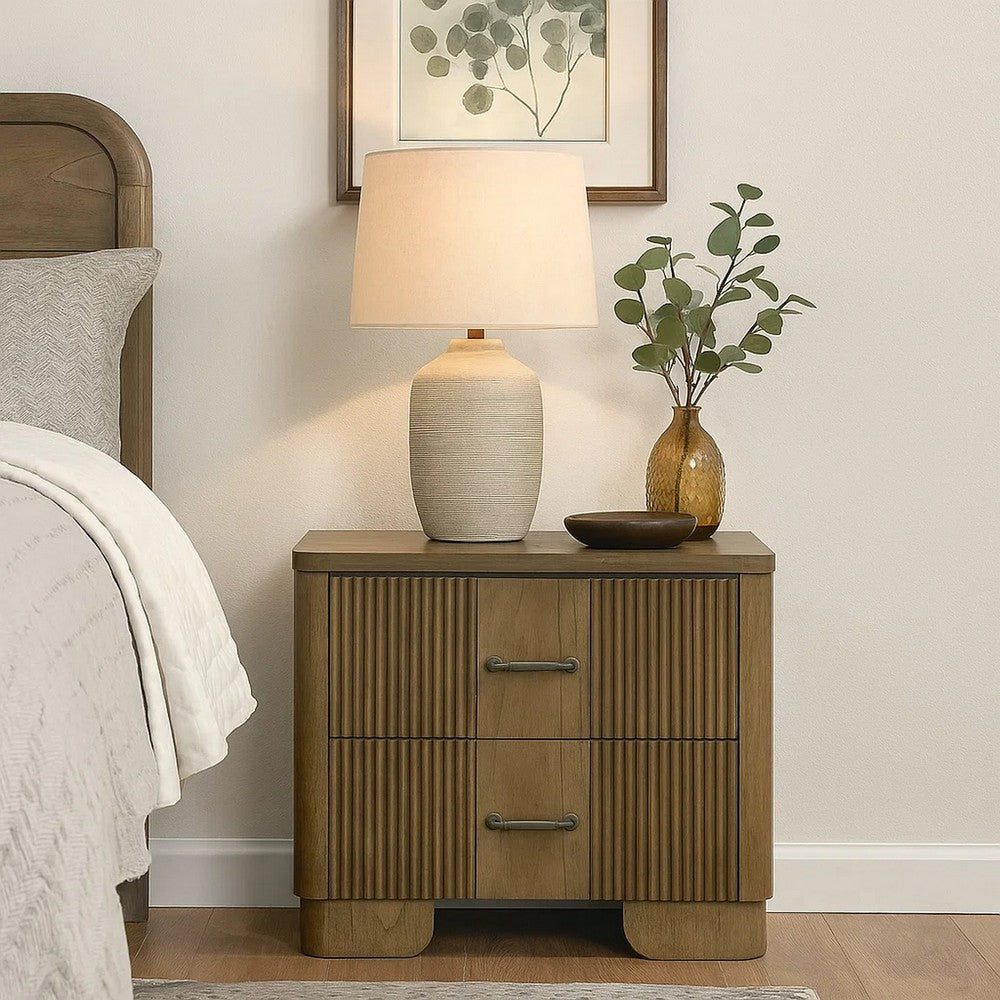 Leky Nightstand | 2 Reeded Drawers | Rounded Corners | Antique Oak Brown