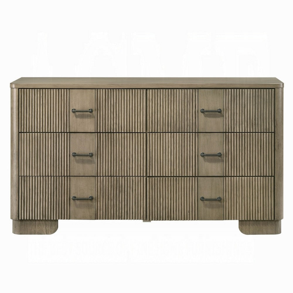 Leky Dresser | 63" | 6 Reeded Drawers | Bar Handles | Antique Oak Brown