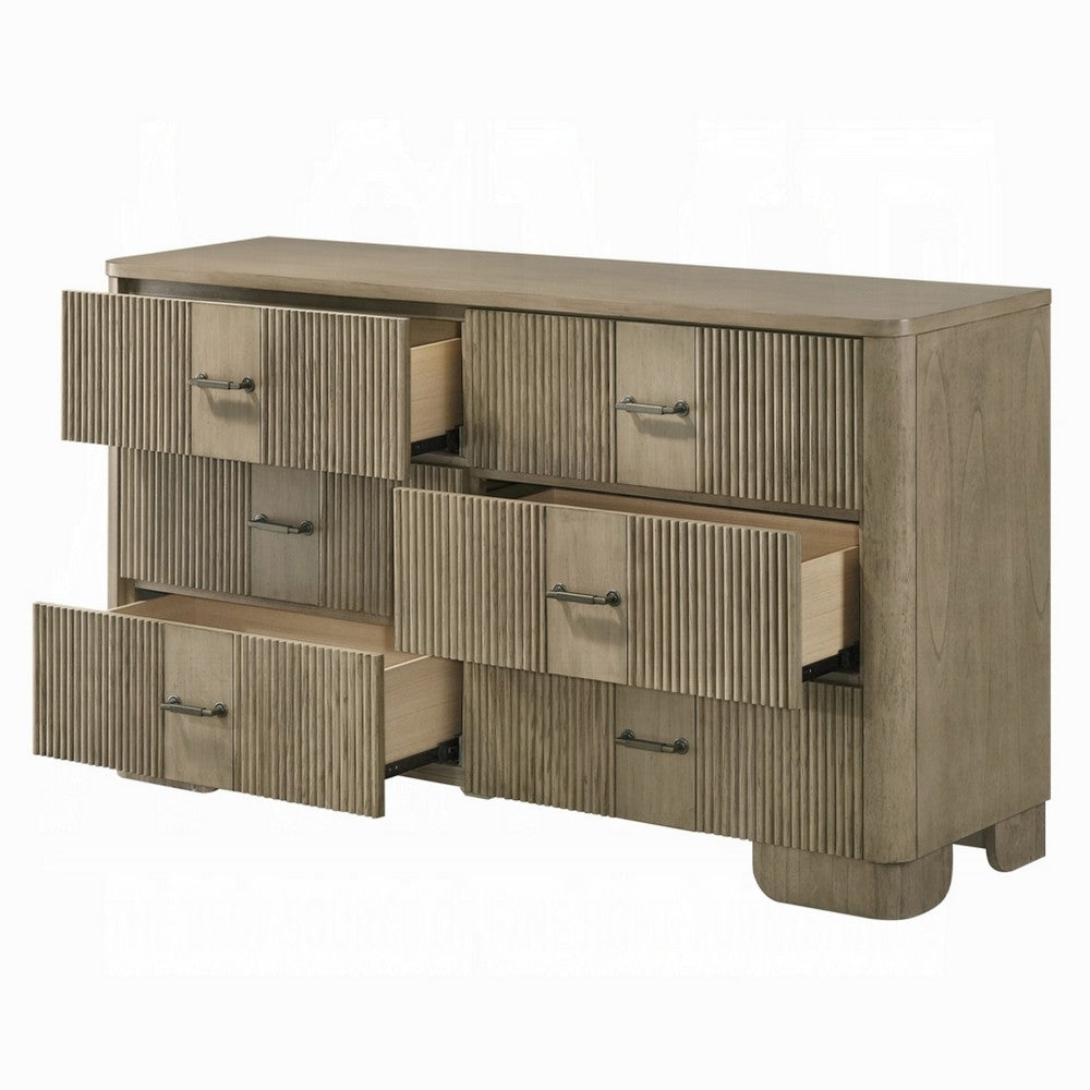 Leky Dresser | 63" | 6 Reeded Drawers | Bar Handles | Antique Oak Brown