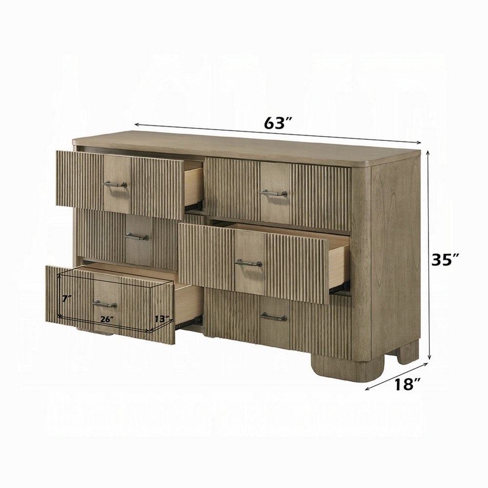 Leky Dresser | 63" | 6 Reeded Drawers | Bar Handles | Antique Oak Brown