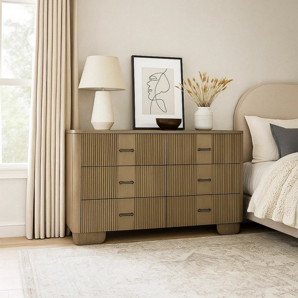 Leky Dresser | 63" | 6 Reeded Drawers | Bar Handles | Antique Oak Brown