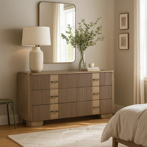 Leky Dresser | 63" | 6 Reeded Drawers | Bar Handles | Antique Oak Brown