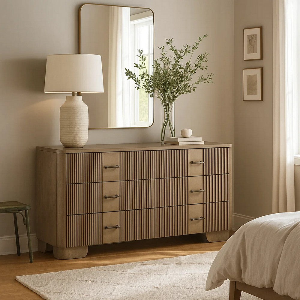 Leky Dresser | 63" | 6 Reeded Drawers | Bar Handles | Antique Oak Brown