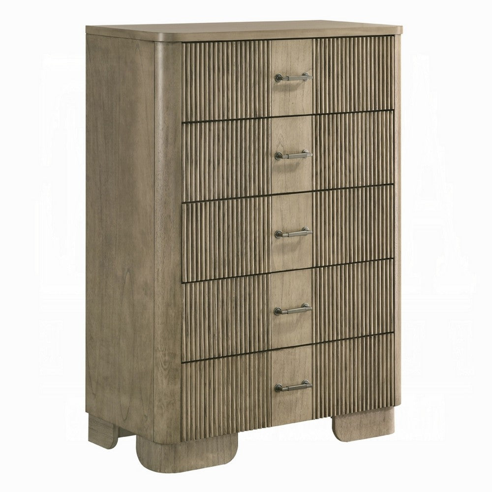 Leky Tall Dresser Chest | 5 Reeded Drawers w Handles | Antique Oak Brown