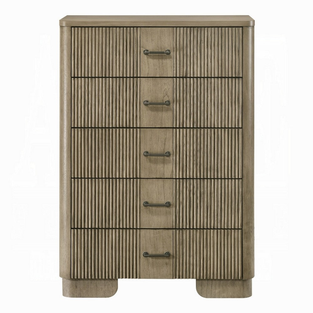 Leky Tall Dresser Chest | 5 Reeded Drawers w Handles | Antique Oak Brown