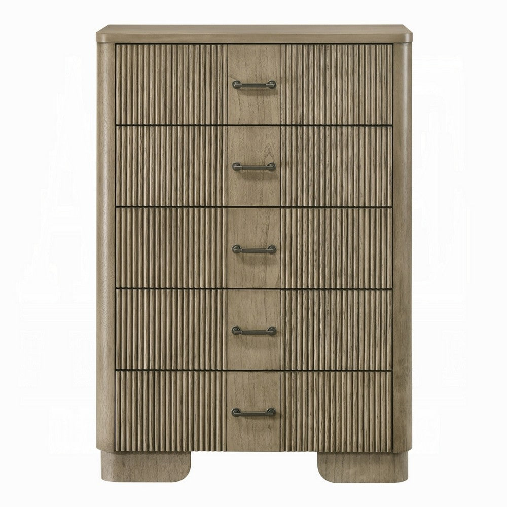 Leky Tall Dresser Chest | 5 Reeded Drawers w Handles | Antique Oak Brown