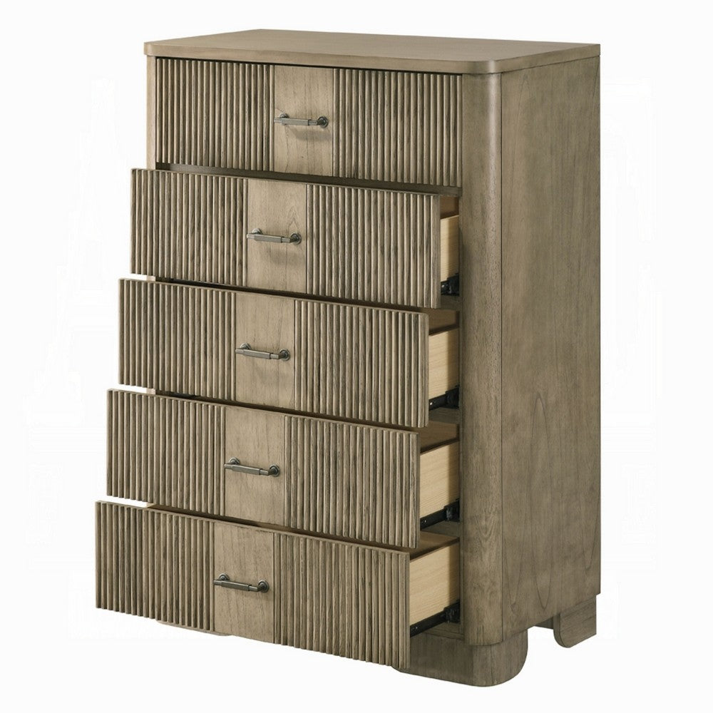 Leky Tall Dresser Chest | 5 Reeded Drawers w Handles | Antique Oak Brown