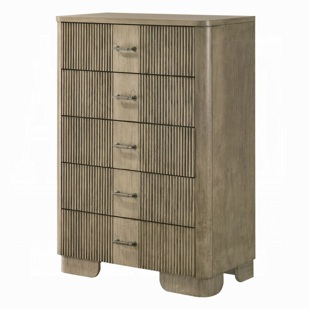 Leky Tall Dresser Chest | 5 Reeded Drawers w Handles | Antique Oak Brown