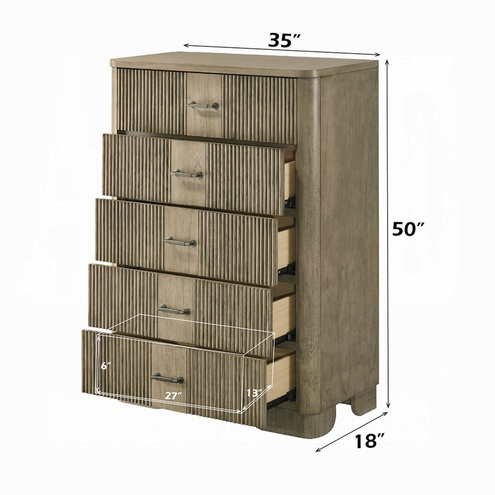 Leky Tall Dresser Chest | 5 Reeded Drawers w Handles | Antique Oak Brown