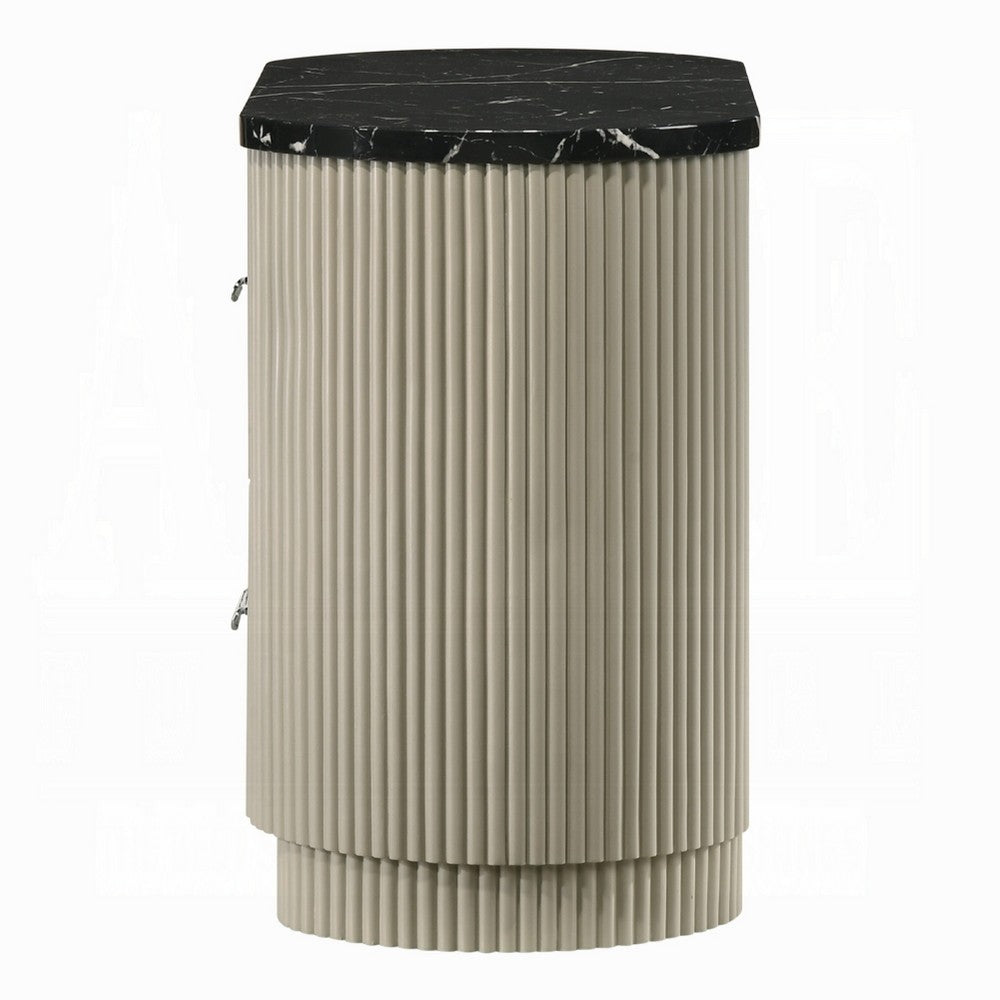 Trex Nightstand | 2 Reeded Drawers w Black Faux Marble Oval Top | Beige