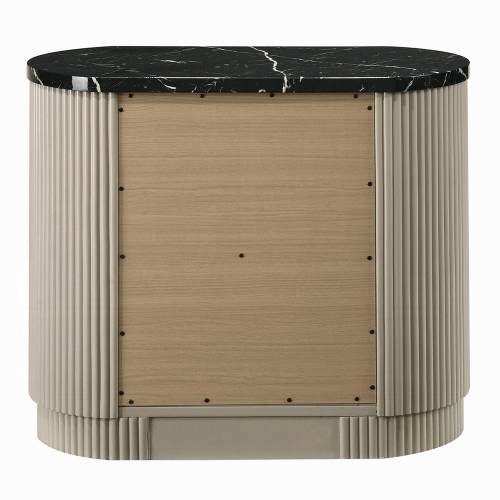Trex Nightstand | 2 Reeded Drawers w Black Faux Marble Oval Top | Beige