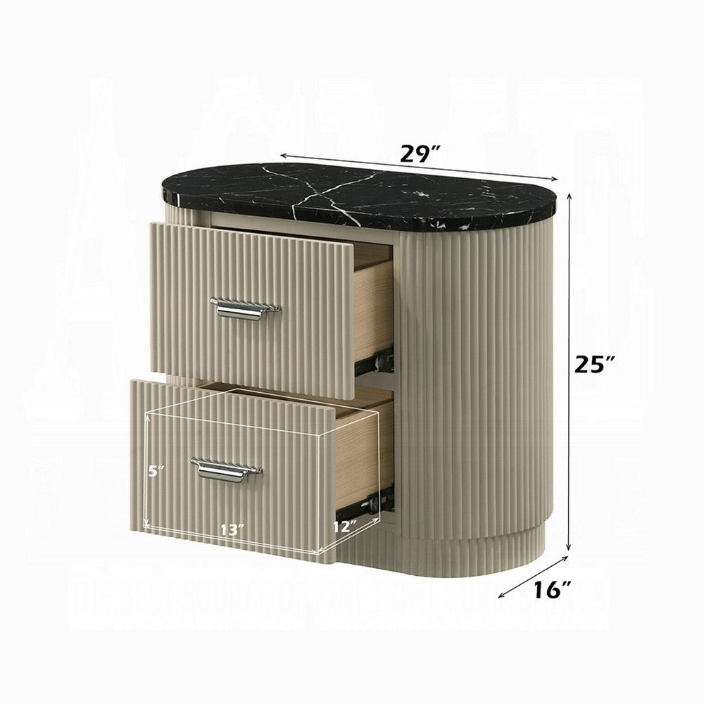 Trex Nightstand | 2 Reeded Drawers w Black Faux Marble Oval Top | Beige