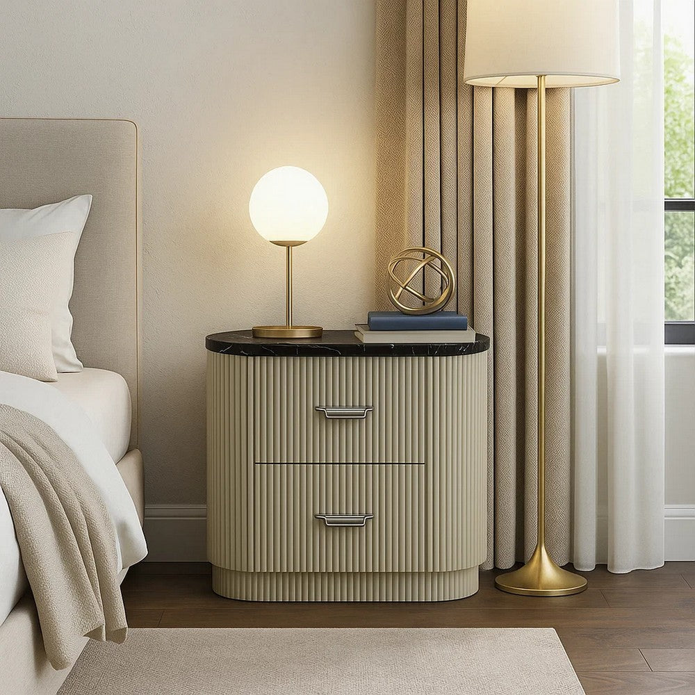 Trex Nightstand | 2 Reeded Drawers w Black Faux Marble Oval Top | Beige