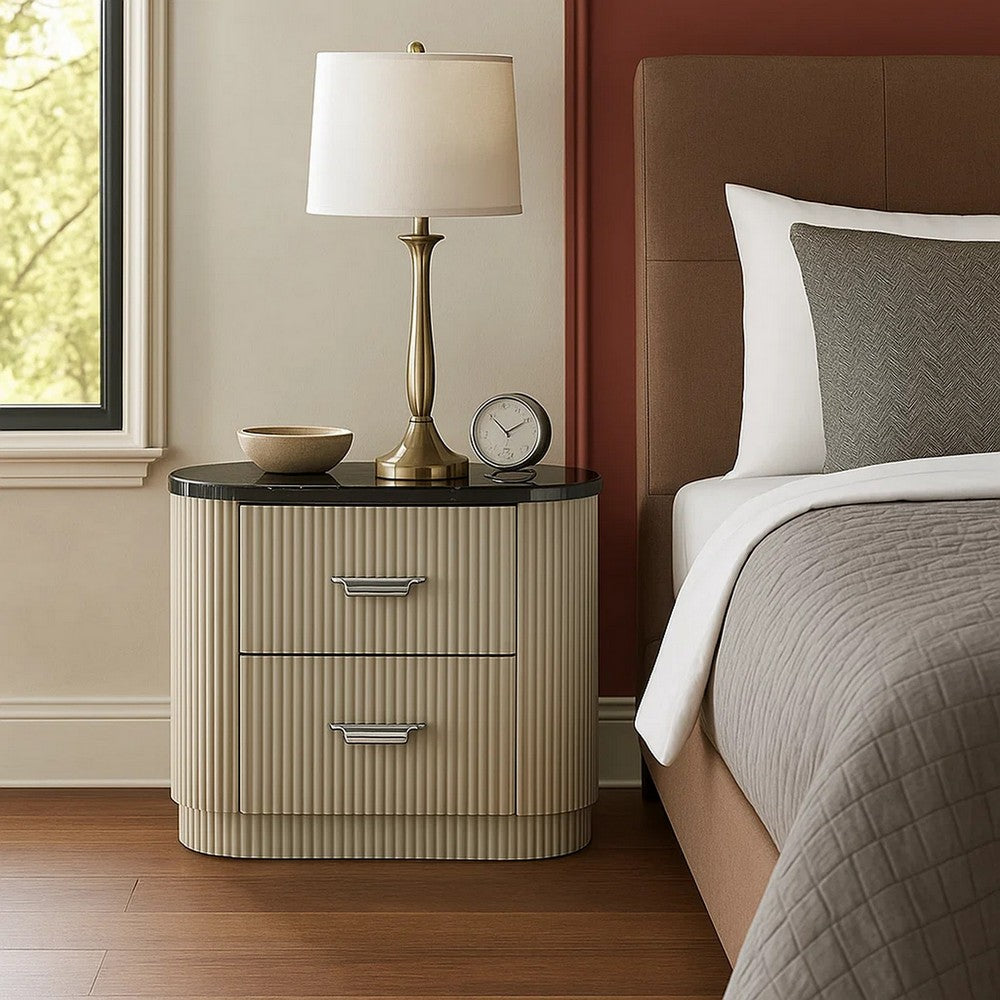 Trex Nightstand | 2 Reeded Drawers w Black Faux Marble Oval Top | Beige