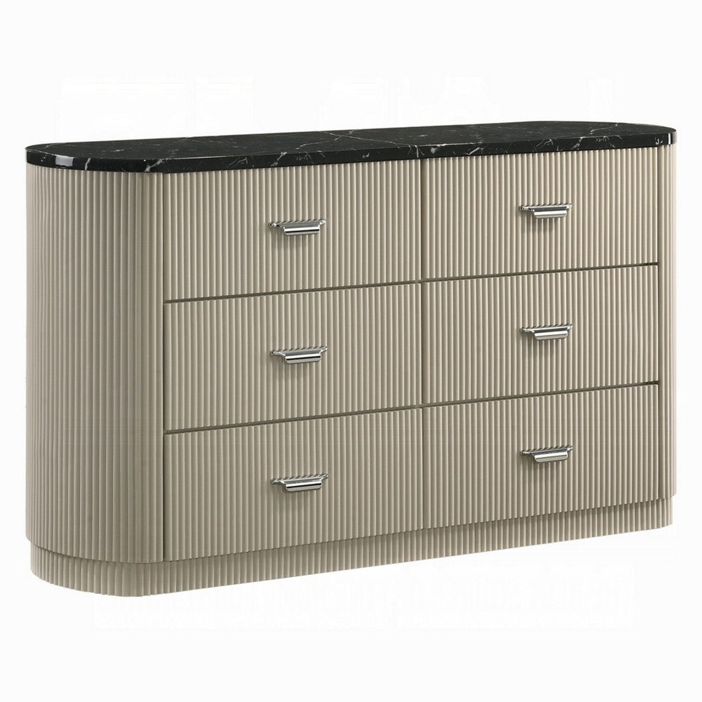 Trex Dresser | 63" | 6 Reeded Drawers w Black Faux Marble Top | Beige