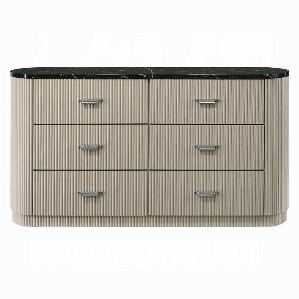 Trex Dresser | 63" | 6 Reeded Drawers w Black Faux Marble Top | Beige